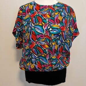 Adrianna Papell 100% Silk Vintage Floral Multi-Colored Blouse Sz 10 Button Back